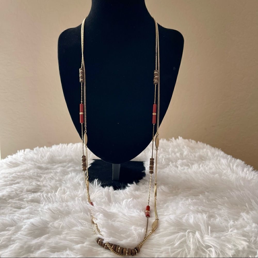 2/$20 New York & Company Gold/Rust Long Two Strand Necklace w/Extender;BNWT